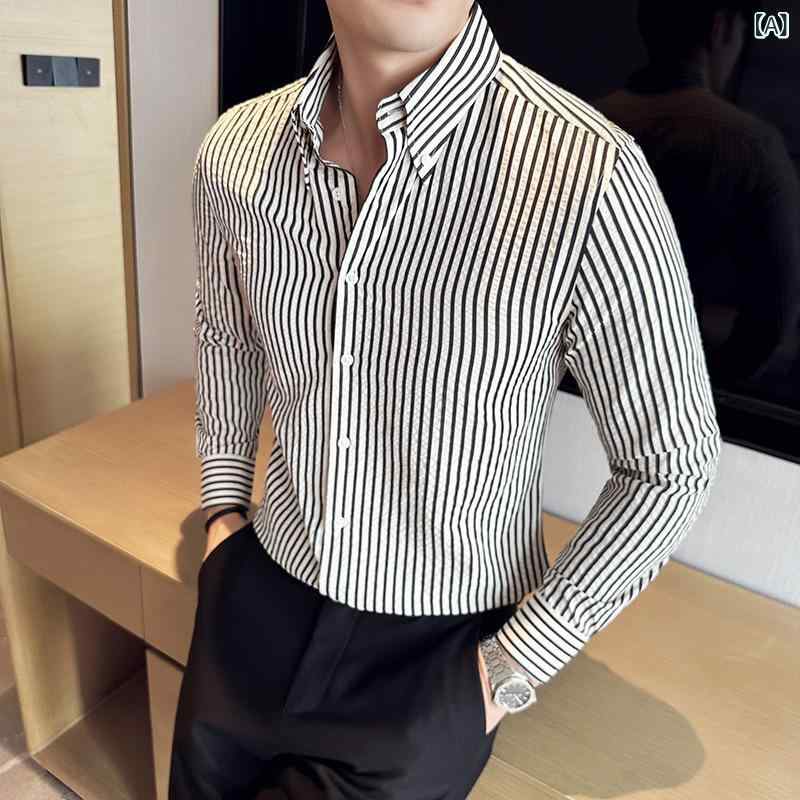 Other - ネット 紅の 秋の新 商品の 男性の ストライプの シャツの 先の 襟の ビジネスの レジャーの シャツの 都市の 青年の 泡の 糸の シャツ