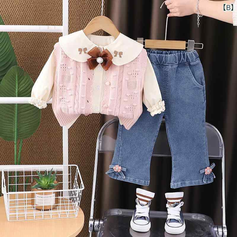 男児 春 装 セーター セット 2025 新型 女の子 春秋 蝶結び ニット 馬 甲 洋 気 三...