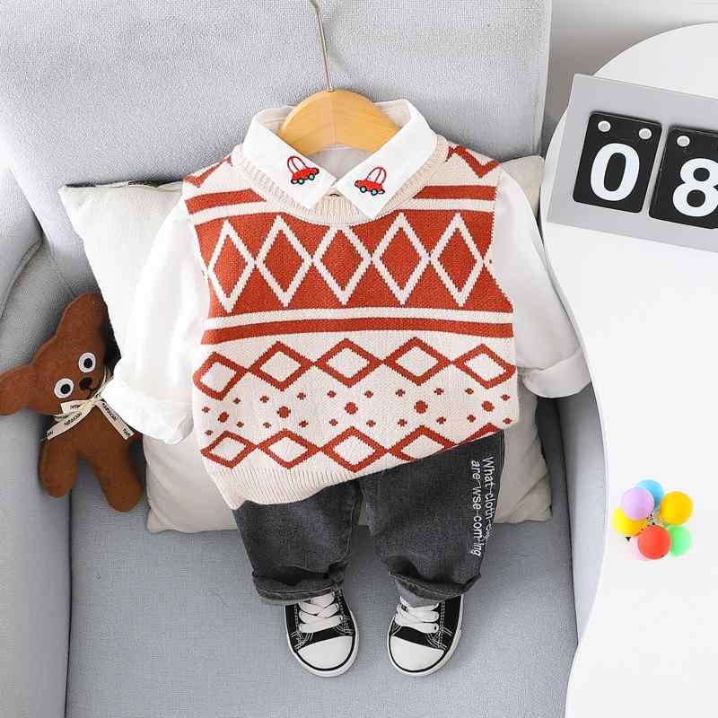 男の子 秋服 セットアップ 子供用 ニットベスト 長袖パンツ 3点セット 韩版