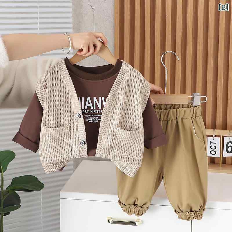リメイクバディーの男の子 春秋 ベビー服 3点セット 马甲 开衫 長ズボン 綿100％ 柔らか素材｜アングル3