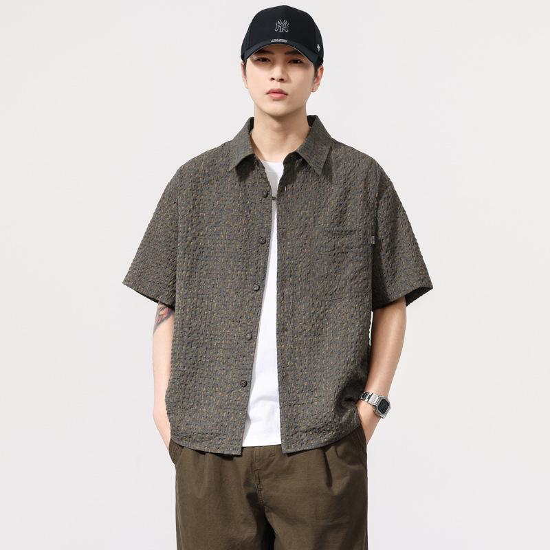 乐天商城 - シャツ メンズ 格子 薄手 半袖 カジュアル 夏 青年 宽松型 翻领 休闲 青年 休闲 青年 105g
