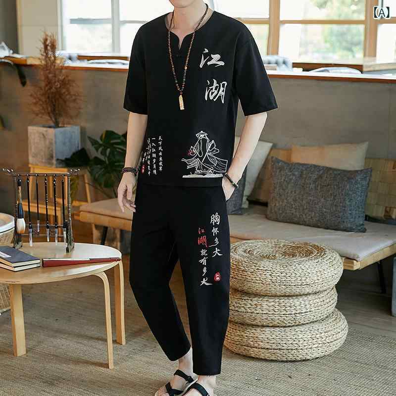 メンズ カジュアルセットアップ 刺繍Tシャツ 九分パンツ