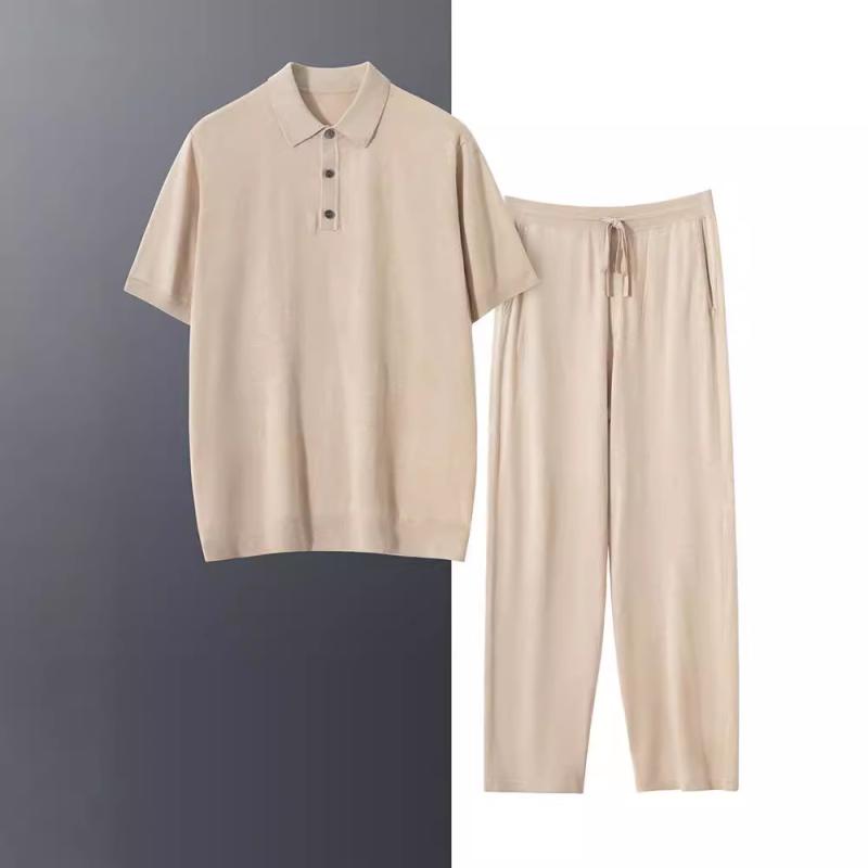 メンズ夏 ポロシャツ 短袖 セットアップ ビジネス カジュアル 高級感 快適 上下セット 桑蚕糸 M L XL XXL XXXL 米沙色 茶棕色 黒