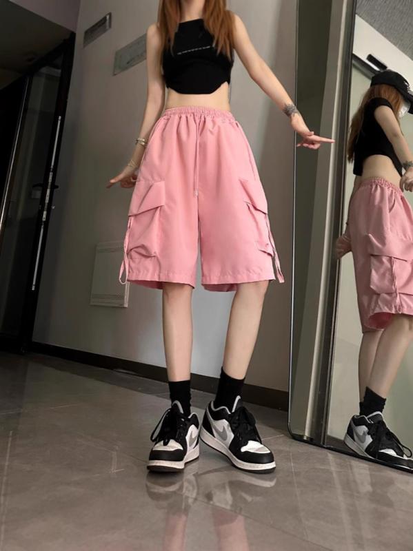 乐天商城 - ショートパンツ レディース 工装風 高腰 寛腿 顯瘦 休間 中褲 黒色 粉色 杏色 2025夏季