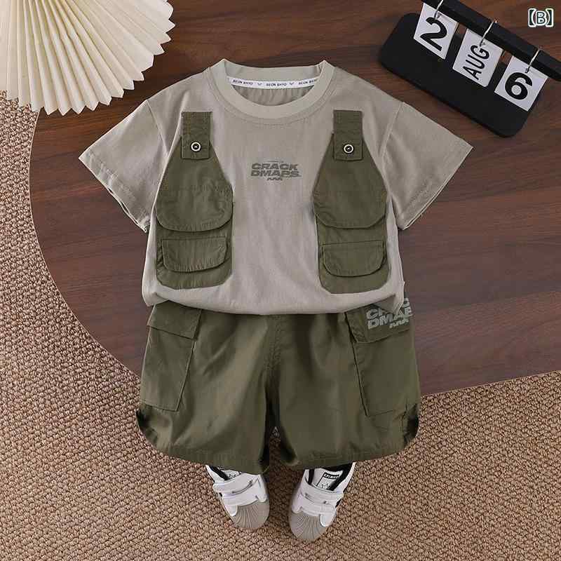 リメイクバディーの子供 服 2025 夏の 新型 0 - 5 男児 韓国 版 丸襟偽 馬 甲 半袖 2 点 セット 夏型 工 装 セット｜アングル2