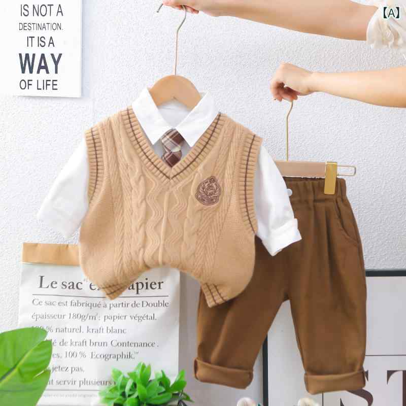 子供服 ニットベスト 蝶ネクタイ付き 3点セット 男の子 学院風 長袖Tシャツ 長ズボ...