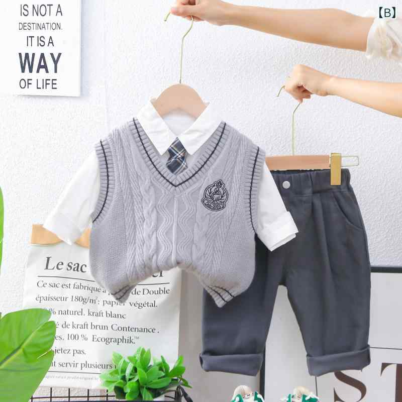子供服 ニットベスト 蝶ネクタイ付き 3点セット 男の子 学院風 長袖Tシャツ 長ズボ...