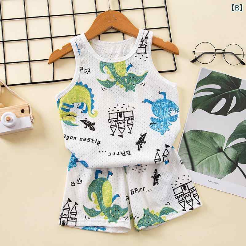 リメイクバディーのトップス 子供服 男の子 女の子 夏用 セットアップ ベスト ショートパンツ 恐竜柄 Tシャツ 半ズボン 2点セット 快適素材 通気性別対応 90-140cm｜アングル3