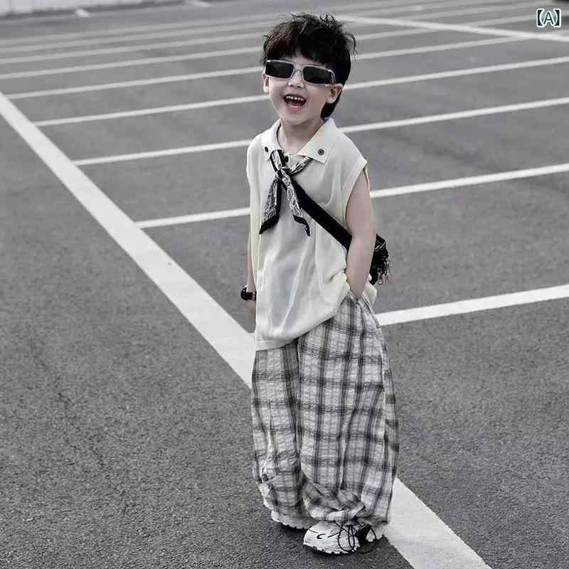 男の子 夏用 セットアップ ノースリーブトップス 格子柄パンツ 涼しい 快適 綿混素...