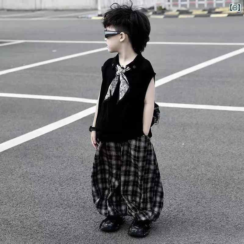 男の子 夏用 セットアップ ノースリーブトップス 格子柄パンツ 涼しい 快適 綿混素...