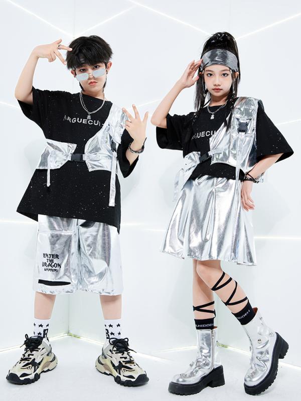 子供用 トップス 男の子 ヒップホップ 衣装 発表会 舞台 銀色 ベスト