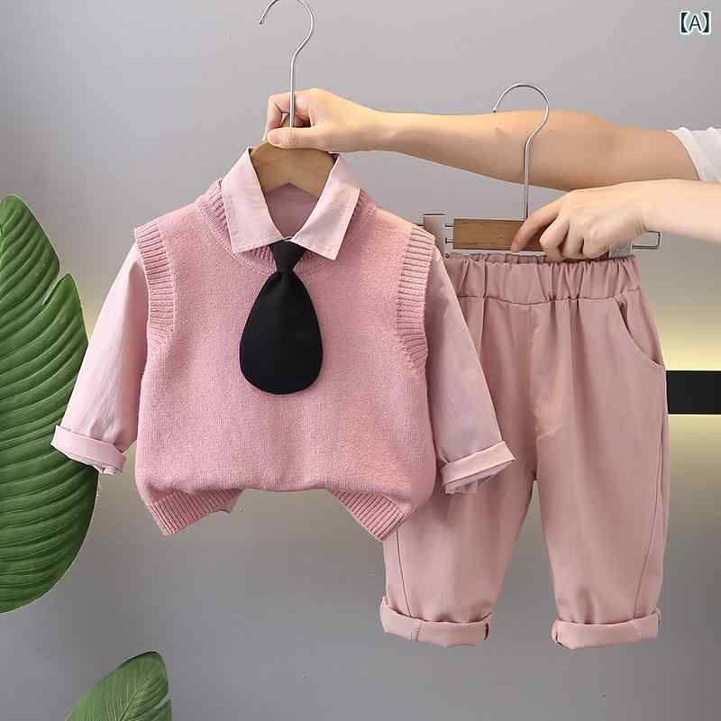 リメイクバディーの子供服 秋服 セットアップ 男の子 女の子 2024年 新品 ニットベスト 3点セット｜アングル2