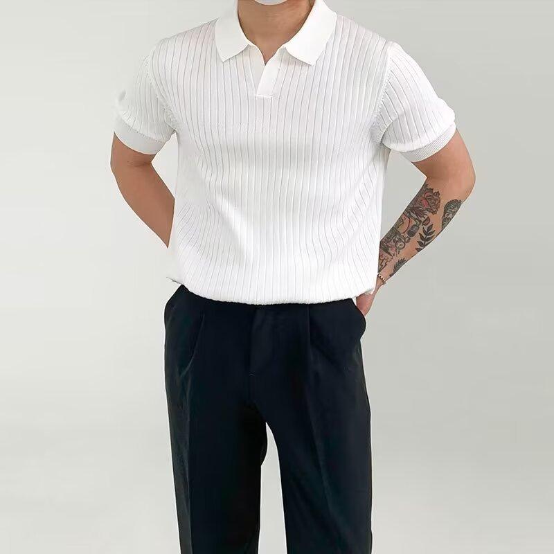 POLOシャツ メンズ 半袖 薄手 無地 縦縞 細身 カジュアル Tシャツ 春夏