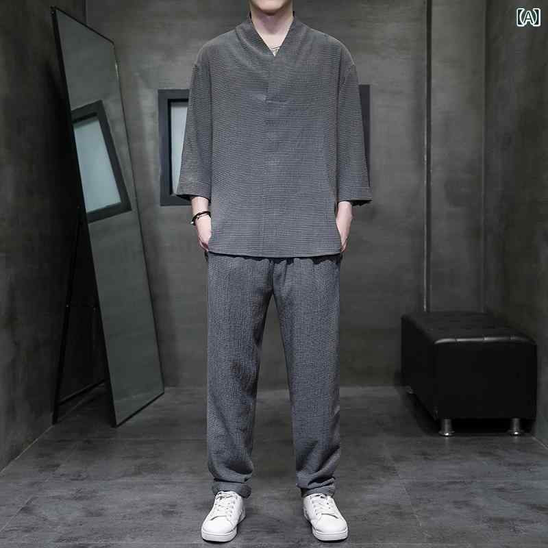 男性用 唐装 セットアップ 夏用 茶道用 居士服 改良漢服 半袖 Tシャツ ゆったりシ...