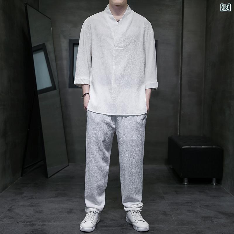 男性用 唐装 セットアップ 夏用 茶道用 居士服 改良漢服 半袖 Tシャツ ゆったりシ...