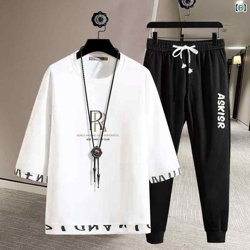 メンズ カジュアルセットアップ 半袖Tシャツ 九分パンツ 夏物 快適 通気性 速乾性 ...