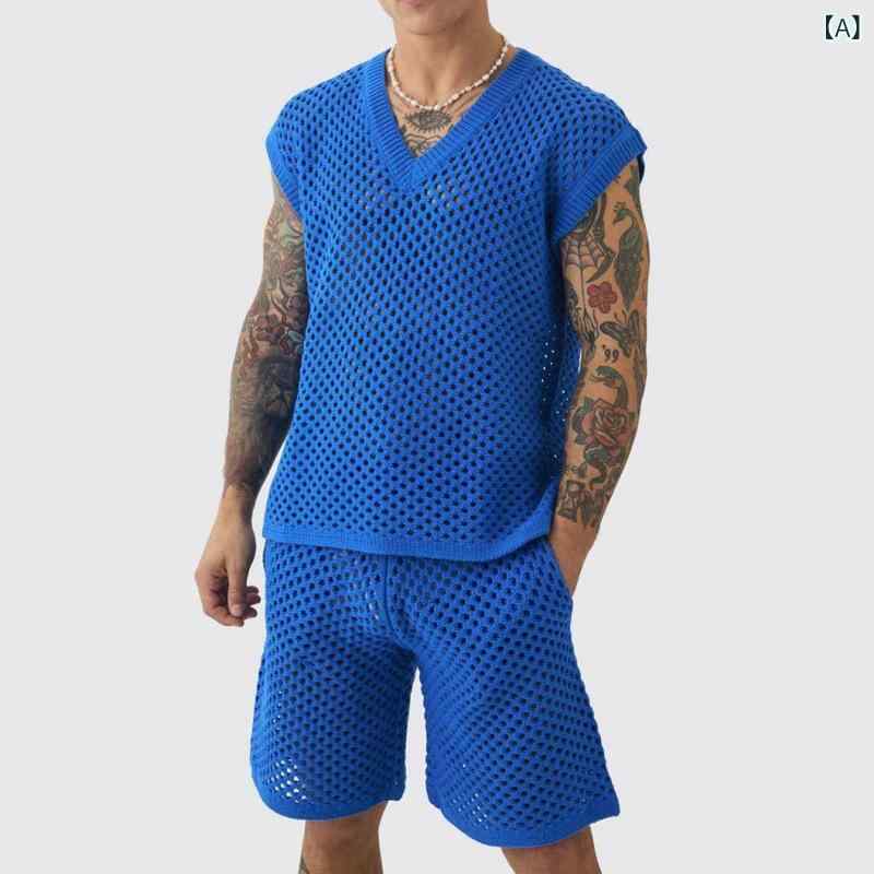 リメイクバディーのトップス ハーフパンツ セットアップ メンズ Vネック カジュアル ノースリーブ 夏服 短パン 紳士服 快適 通気性 軽量 スポーツウェア 運動着心地良い 運動着 部屋着 おしゃれ かっこいい ブルー 黒 白 カーキ S M L XL XXL XXXL｜アングル2