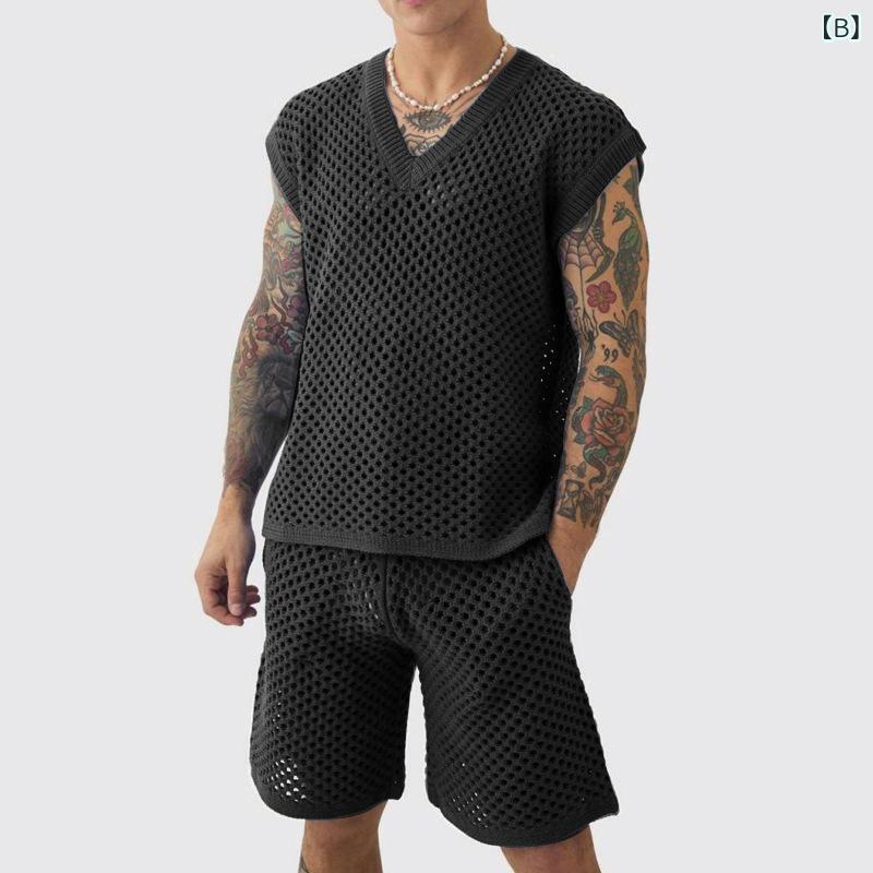 リメイクバディーのトップス ハーフパンツ セットアップ メンズ Vネック カジュアル ノースリーブ 夏服 短パン 紳士服 快適 通気性 軽量 スポーツウェア 運動着心地良い 運動着 部屋着 おしゃれ かっこいい ブルー 黒 白 カーキ S M L XL XXL XXXL｜アングル3