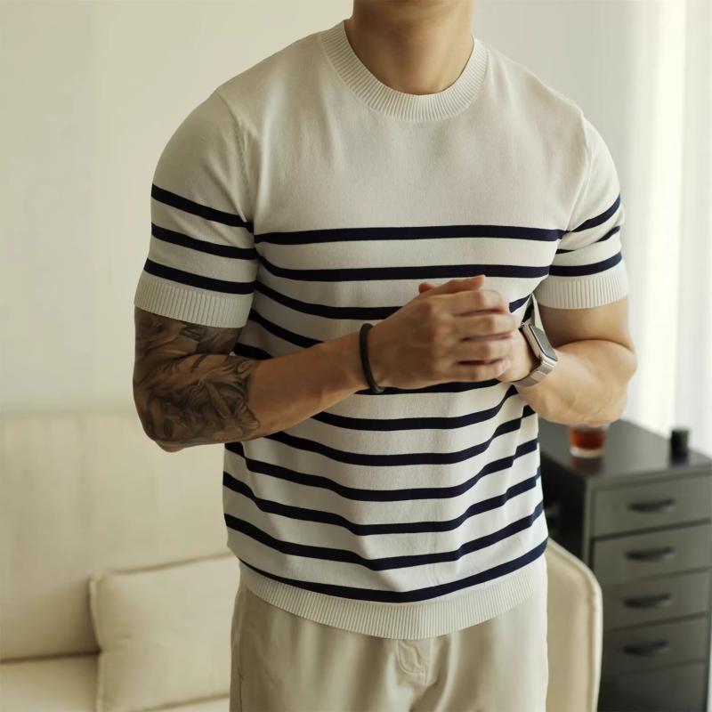 メンズ Tシャツ ストライプ 半袖 ニット風 トップス カジュアル 春夏用 男性用 きれいめ おしゃれ 普段使い 通学用 通勤用 高級感 軽量 清涼感 綿 麻 デニム 再生繊維 アイボリー ブラック系