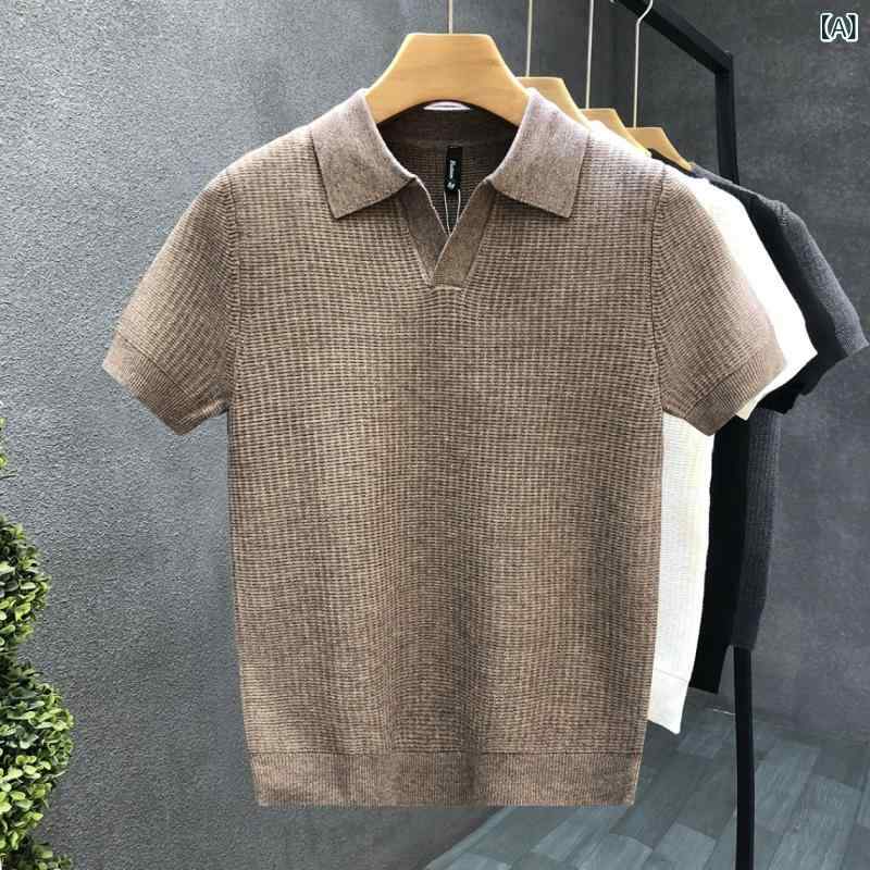 淘宝 網 対外 貿易 卸売 ドロップシッピング 中空 ニット 半袖 Tシャツ メンズ V ネック ポロシャツ 紳士 服 白 主 推し