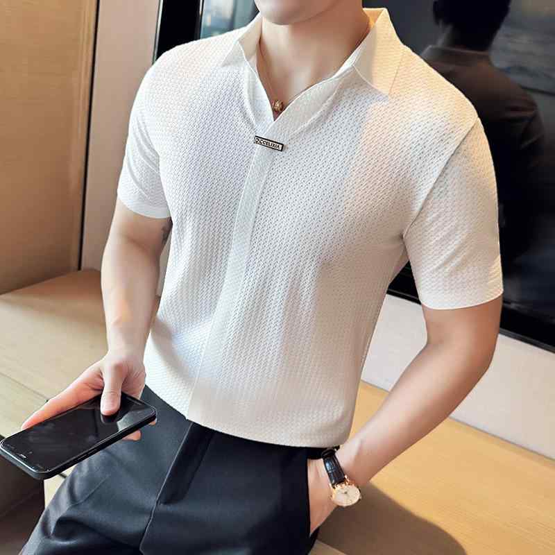 Other - トップス メンズ Vネック Tシャツ 薄手 半袖 夏 poloシャツ ワッフル生地 ブラック ホワイト