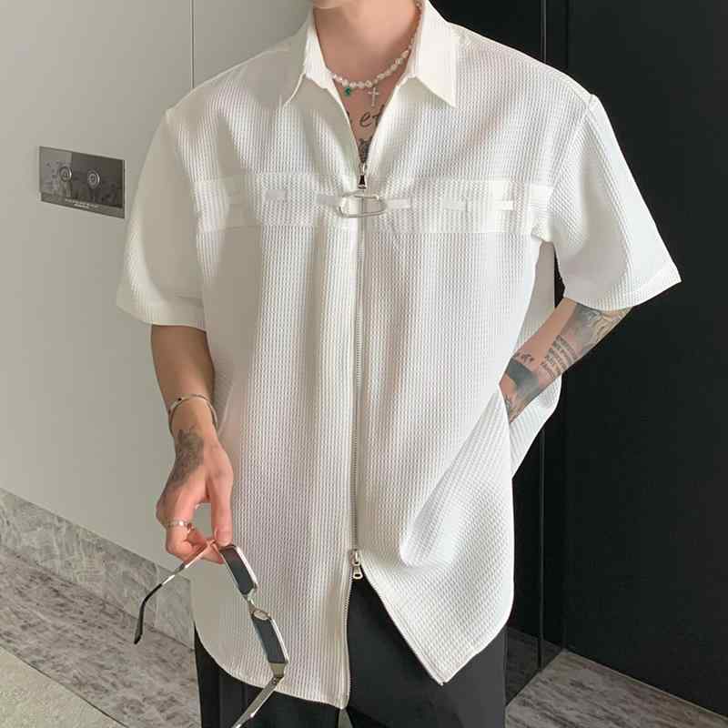 シャツ メンズ 金属装飾 半袖 薄手 カジュアル 夏 涼しい 快適 おしゃれ かっこいい 黒 白