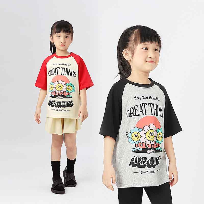 Rakuten - 子供服 女の子 Tシャツ 半袖 花柄 アルファベットプリント 切り替え 子供用 トップス 夏物 100%綿 Aクラス 柔らかい処理済み 柔软处理 吸湿速乾 かわいい 鮮やかな黄色 薄紫系 120cm 130cm 140cm 150cm 160cm