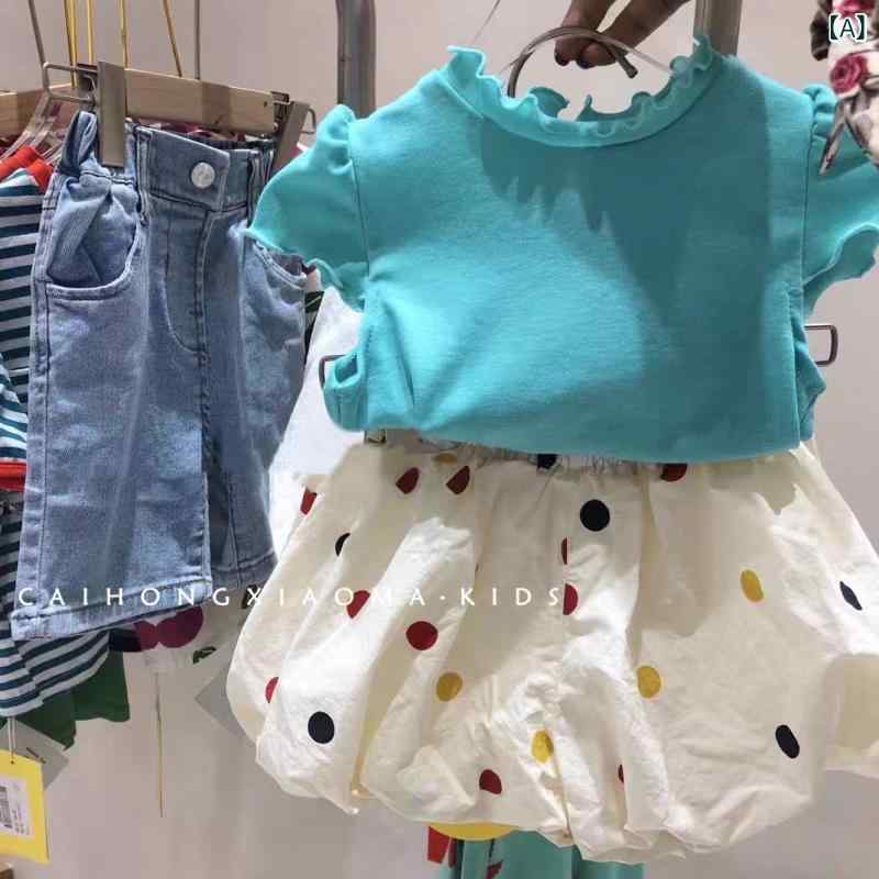樂天商城 - キッズTシャツ ショートパンツ セットアップ 女の子 夏 半袖Tシャツ ドット柄ショートパンツ 2点セット