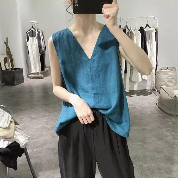 樂天商城 - トップス Vネック ノースリーブ 綿麻 レディース 黒 白 孔雀青 レディース チュニック 文芸風 レトロ風 ゆったりシルエット 普段使い カジュアルスタイル