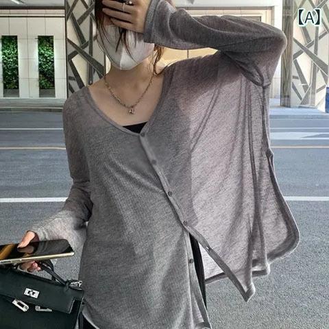 日焼け 止めの 薄い タイプの 通気 性 v ネック 長袖 t シャツ 女性 韓国 版 夏の フランス 風の 甘くて 辛いです。
