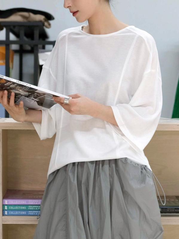 乐天商城 - Tシャツ レディース 五分袖 チュニック丈 ゆったり 夏服 カジュアル 日韓風 カジュアル 無地 ホワイト 藏青