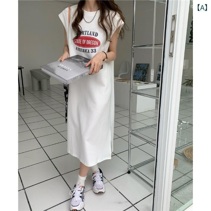 乐天商城 - ノースリーブの プリントの 寝 スカートの 女性の 夏の 韓国 版の 新型の ゆったり して いる ワンピースの 怠け者は 膝の 中の 長い t シャツの ベストの スカートを 越えます。