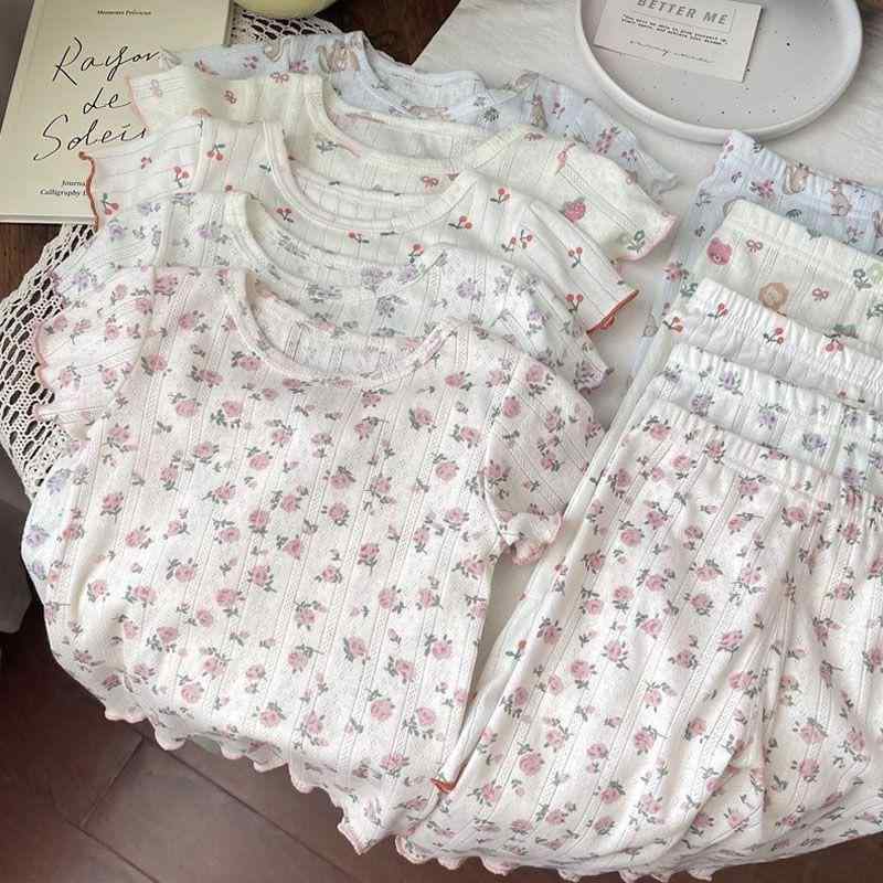 Girls' Home Wear, Floral Print, Three-Quarter Sleeve Pajama Set, 100% Cotton, Lightweight, Spring/Summer, Ages 3, 4, 5, 6, 7, 8, Sizes 90cm, 100cm, 110cm, 120cm, 130cm, 140cm, Cute Pink, Purple, Cherry Blossom, Bear Design