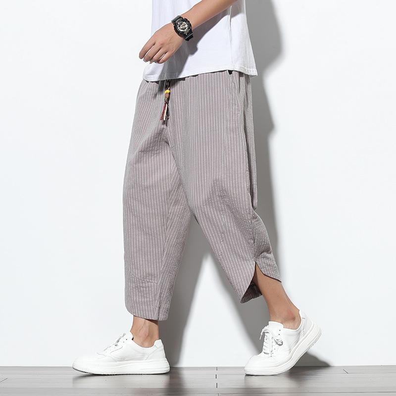 Rakuten - カジュアルパンツ メンズ 春夏 綿 麻 ストライプ 宽松 ハーレムパンツ 9分丈 テーパードパンツ 普段使い アウトドア 通学用 ブラック グレー カーキ 紺 M L XL 2XL 3XL 4XL 5XL