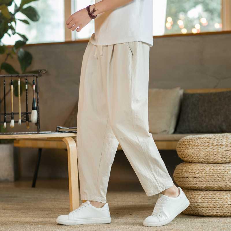 Casual Pants for Men, Summer, Cool, Linen Blend, Straight Leg, Loose Fit, Breathable, Cotton-Linen Pants, Chinese Style, Brand Unknown