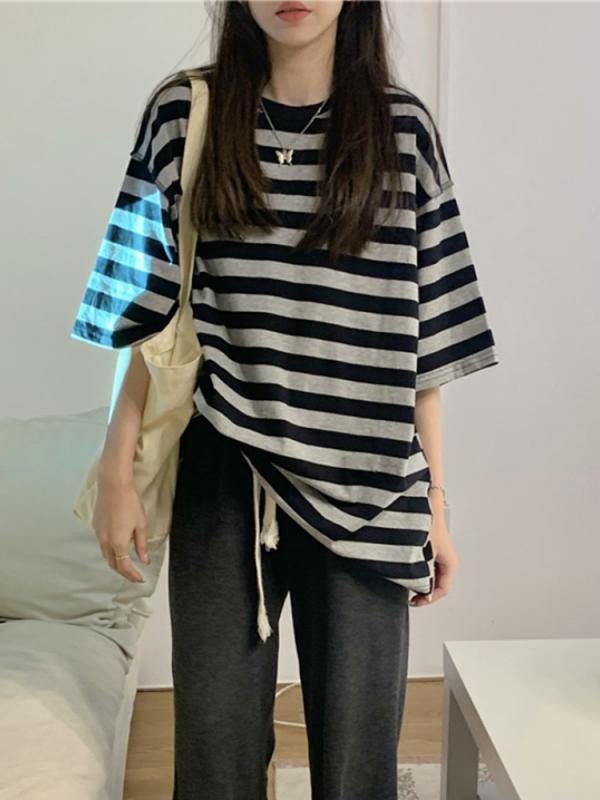 Tシャツ レディース ストライプ柄 綿素材 通勤風 カジュアル ゆったりシルエット 中長丈 M L LL XL XXL