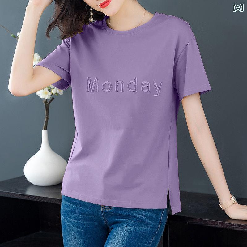 Tシャツ レディース 半袖 夏 通勤 M～4XL 短袖 刺繍 ファッション 通勤 カジュアル 通勤 刺繡 アルファベット 圆领 ファッション トップス