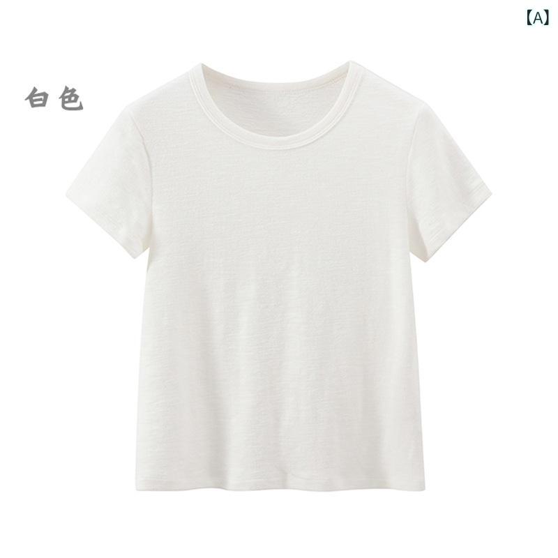 Rakuten - Tシャツ レディース 半袖 無地 シンプル トップス カットソーイング技圧縮加工薄手綿混混綿混繊維ポリエステル製春春夏秋白黄緑系清新甜美かわいい普段使い通勤用軽量伸縮性綿再生繊維軽量伸縮性混ポリエステル製夏 65文字