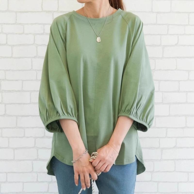 乐天商城 - トップス Tシャツ 七分袖 レディース 綿混 日韓風 カジュアル シンプル ゆったり 接触冷感 吸湿速乾 部屋着 普段使い アウトドア 軽量 伸縮性 高級感 ホワイト ブラック カーキ 藏青色 グリーン 绿色 简约风