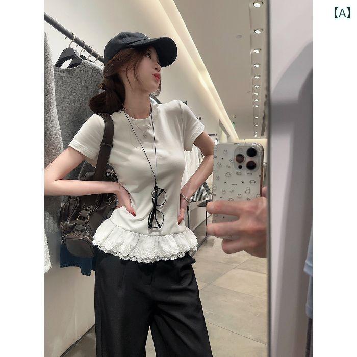 Rakuten - Tシャツ レディース 白 レース切り替え レディース 春夏 スリムフィット 細見せ 伸縮性 きれいめ かわいい おしゃれ カジュアル きれいめ 清楚系 清楚系
