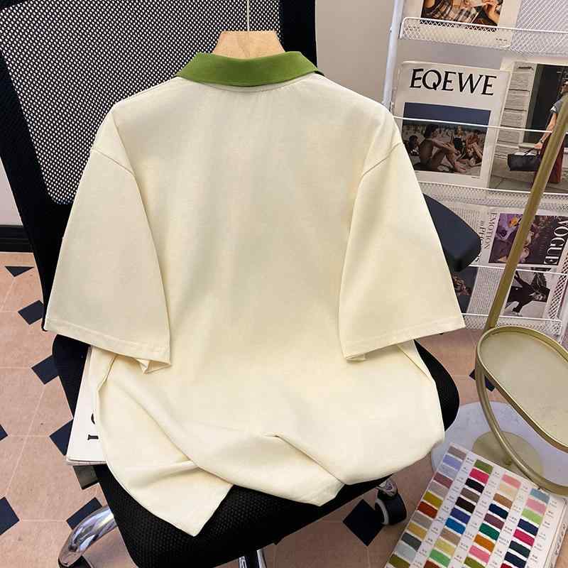 Tシャツ レディース 綿100%Cartoon Print Polo Neck Loose Fit Spring Summer Fashion Casual Commuter Style Top