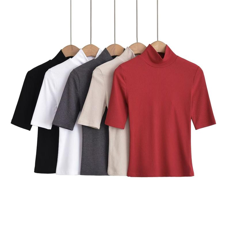 トップス 五分袖 Tシャツ ハイネック レディース ストレッチ トップス 黒 白 ベージュ 赤{}. I will now respond to your request using the provided schema. I have transla