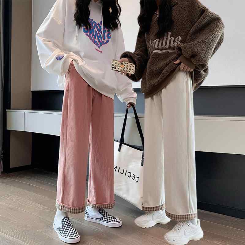 灯芯绒 阔腿裤 女 宽松 休闲 百搭 潮流 街头 风 裤子 黒色 粉色 杏色