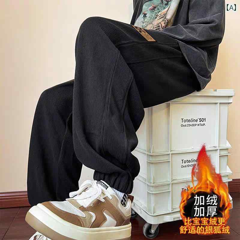 winter corduroy pants men's fleece lined thick casual pants slim fit spliced sweatpants elastic waistband casual pants