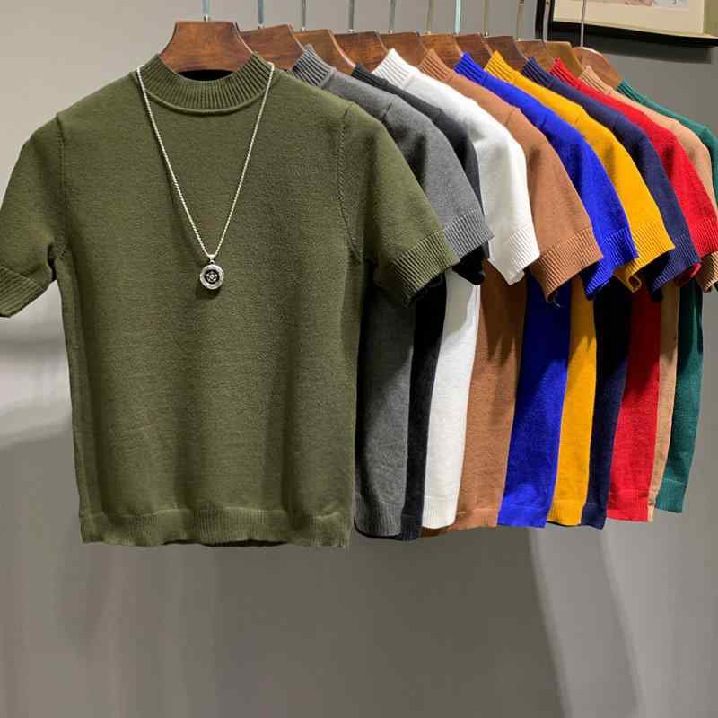 ニットTシャツ メンズ 半ハイネック 長袖 Tシャツ カジュアル 無地 トップス 春夏 黒 白黒 白 灰色 ワインレッド 茶色 紺 緑