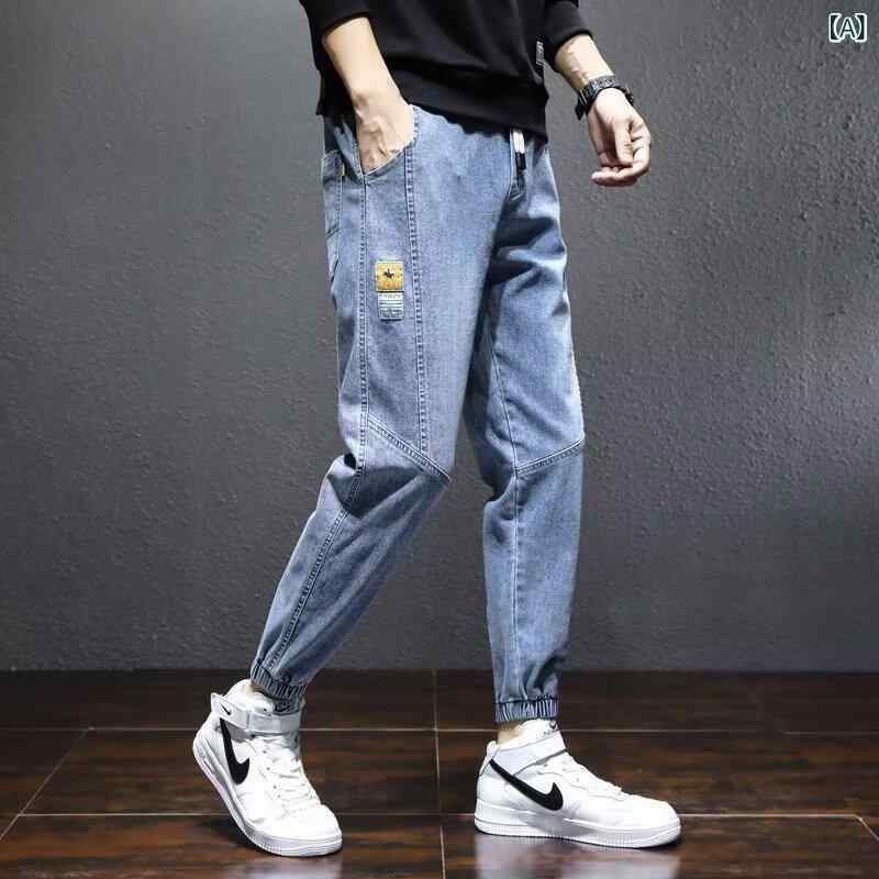 Rakuten - ジーンズの 男性の 夏の 大きい サイズの ファッション ブランドの ゆったり した 9 分の ズボンの 中で 腰の ハーレムの 足の 運動の カジュアルな ズボン