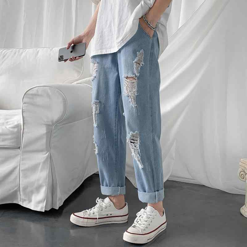 category denim pants men hip hop style personalized ripped korean version loose worn out student summer elastic waist beggar pa