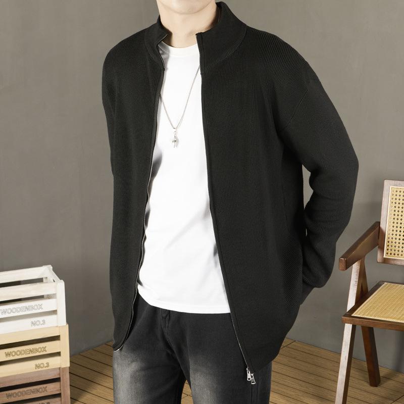 トップス メンズ ニット カーディガン 黒 春秋 長袖 薄手 ジップアップ