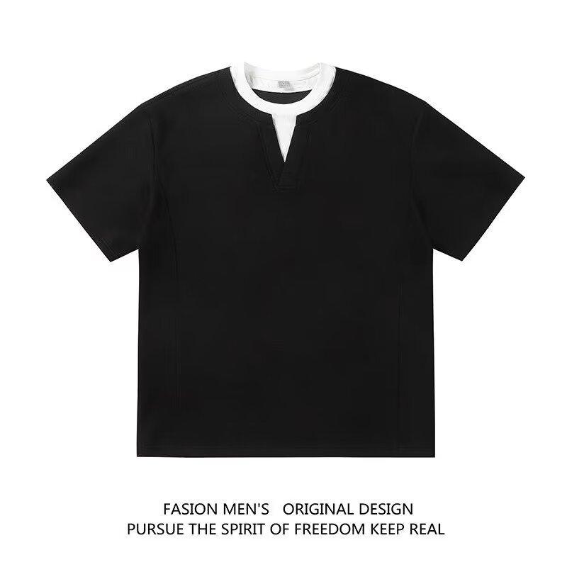 Tシャツ メンズ 半袖 Vネック 重ね着風 バイカラー オーバーサイズ トップス アメリカンカジュアル おしゃれ 通学用 デイリー使い 無地 シンプル カジュアル ゆったりめ 春夏・カテゴリ: Tシャツ・スタイル: 青春流行・主な素材: 綿混紡・フィット感: ルーズフィット・スタイル: プルオーバー・ネックライン: クルーネック・袖丈: 半袖・フード: なし・厚さ: 薄手・重量: 180g～250g未満・機能: 通気性・柄: 都市風デザイン・カラー展開: グレー, ブラック・サイズ展開: M, L, XL, 2XL・適用年齢: 成人・対象性別: 男性