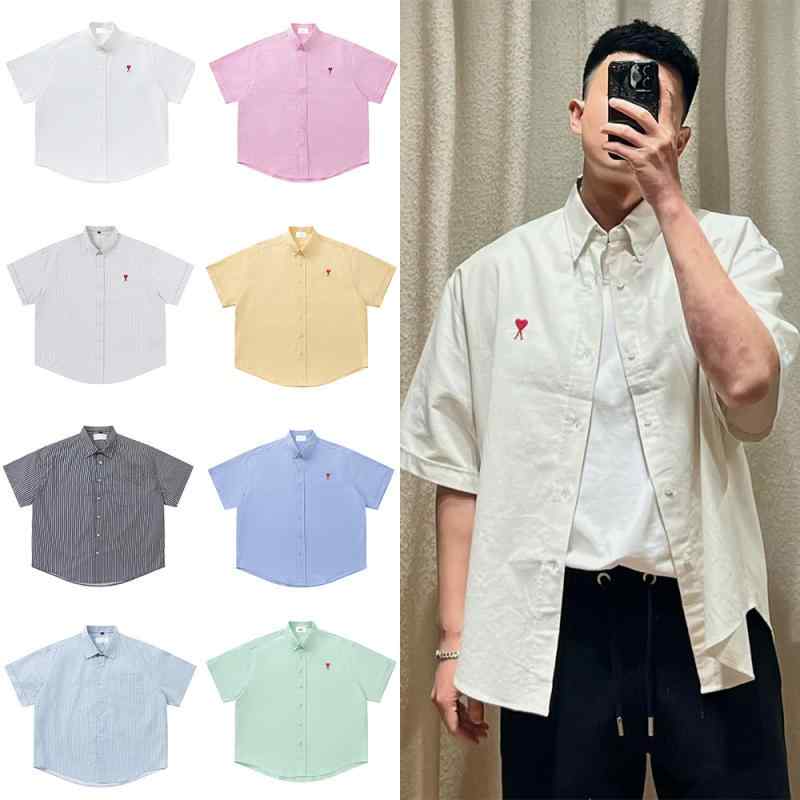 シャツ AMI CLAMS メンズ レディース 半袖 刺繍 マカロン風 牛津布 綿 宽松 カジュアル 春夏